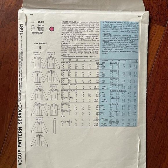 Vogue 1581 Basic Design Misses' Tops Size 8-16 Factory Folded - Picture 2 of 2